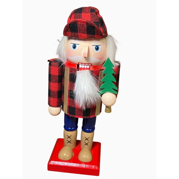 Lumberjack Nutcracker Wood Figurine Plaid Shirt 9 Inches Tall - Picture 1 of 9